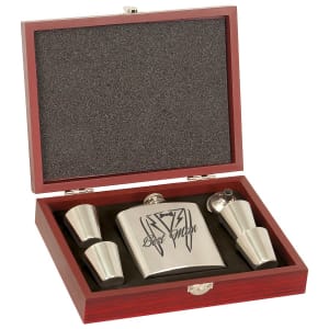 6 oz. Flask Set with Wood Presentation Box Includes Flask, 4 Shot Glasses & 1 Funnel
