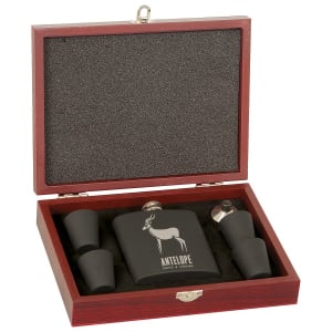 6 oz. Flask Set with Wood Presentation Box Includes Flask, 4 Shot Glasses & 1 Funnel