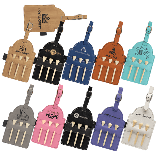 5" x 3 1/4" Laserable Leatherette Golf Bag Tag W 3 Wooden Tees Sample Set